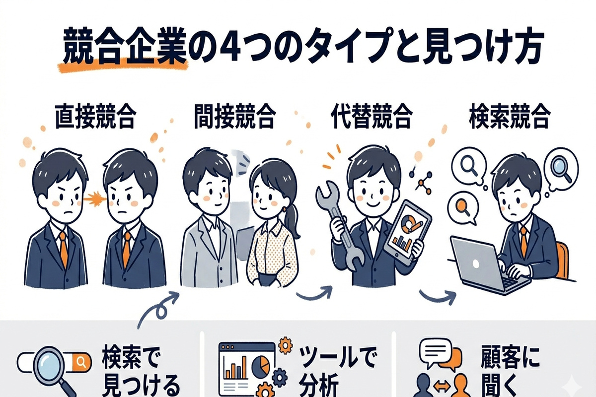 競合企業の4つのタイプ（直接・間接・代替・検索競合）を示す図