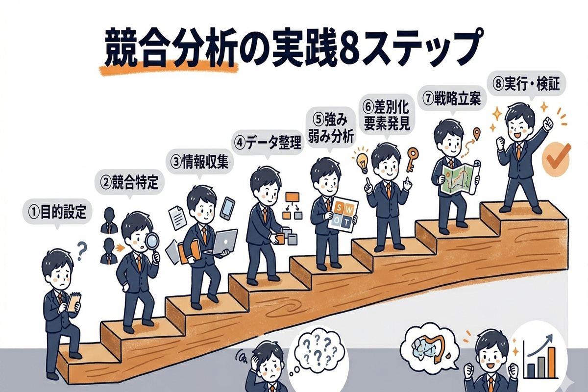 競合分析の実践8ステップを示すフロー図