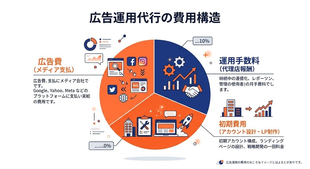 広告運用代行の費用構造（広告費・手数料・初期費用）内訳図