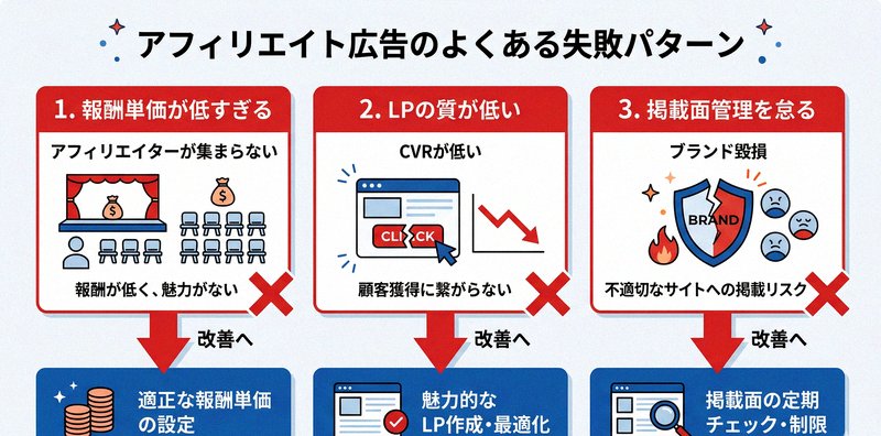 アフィリエイト広告のよくある失敗パターンを示すインフォグラフィック