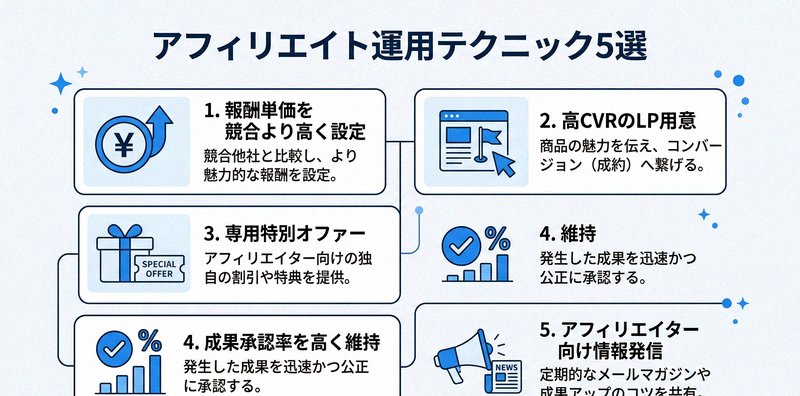 アフィリエイト運用テクニック5選を示すインフォグラフィック