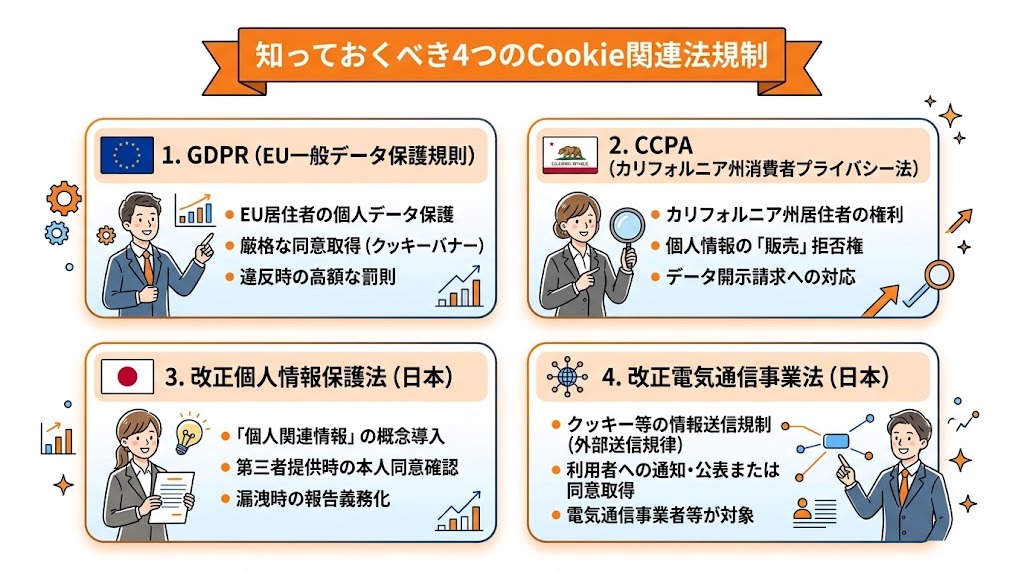 世界のCookie規制法まとめインフォグラフィック