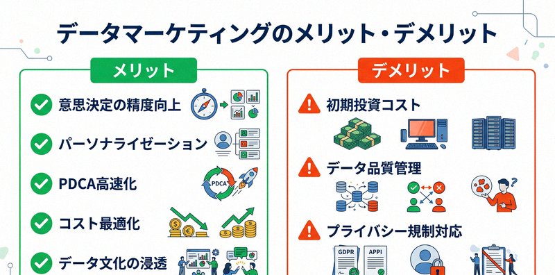 データマーケティングのメリットとデメリットを整理したインフォグラフィック