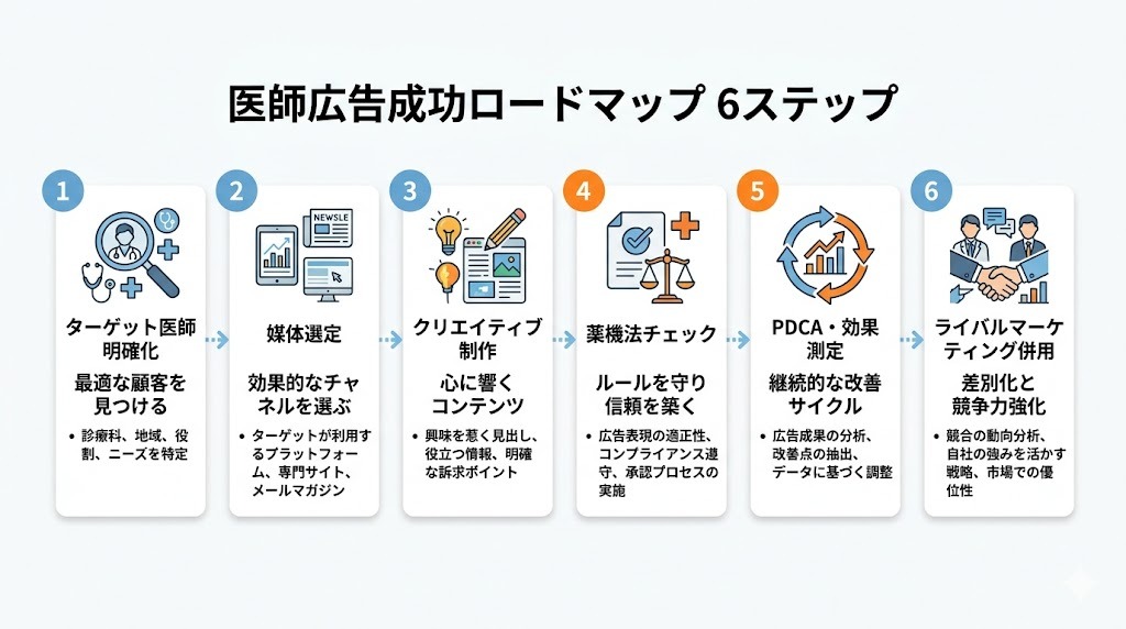 医師広告ターゲティング成功ロードマップ6ステップ｜セグメント設計から併用戦略までのPDCA