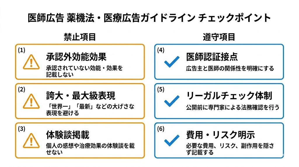医師広告 薬機法・医療広告ガイドライン チェックポイント｜広告基準・禁止表現・遵守項目