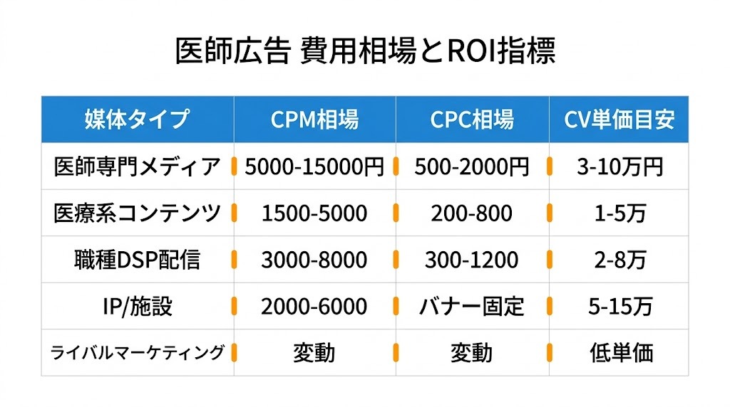 医師広告 費用相場とROI｜CPC・CPM・CPA・LTV｜媒体別単価比較