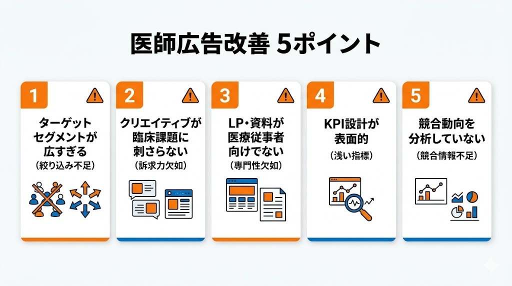 医師広告で効果が出ない時の改善5ポイント｜セグメント・クリエイティブ・LP・KPI・競合分析