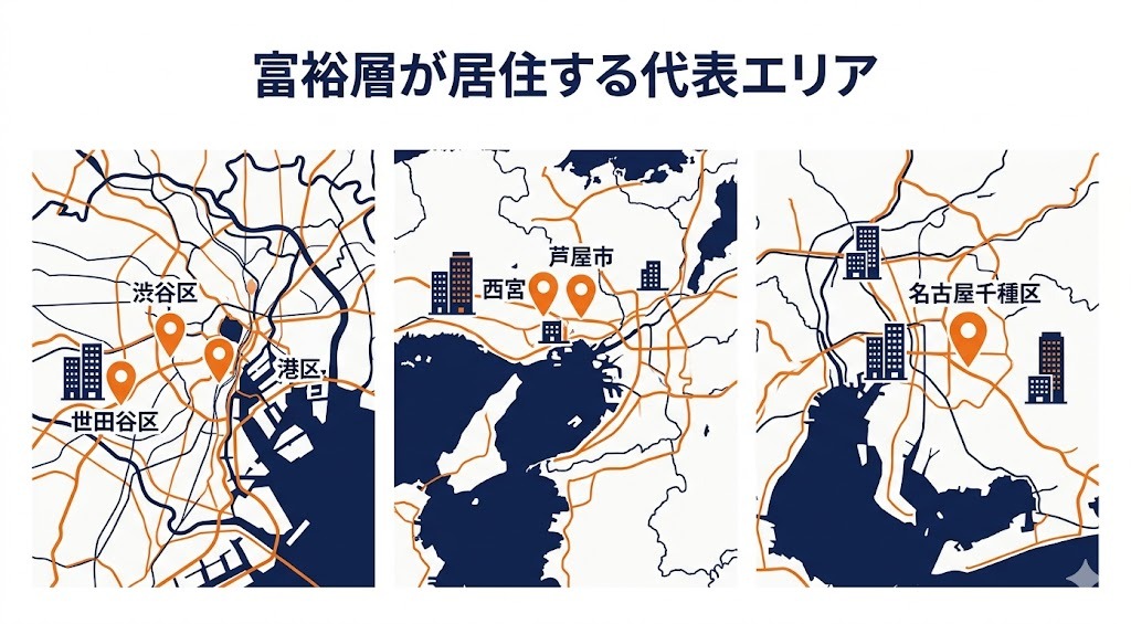 富裕層が居住する東京・関西・名古屋の代表エリア地図