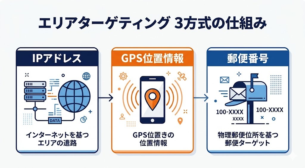 エリアターゲティング 3方式（IP・GPS・郵便番号）の仕組み比較