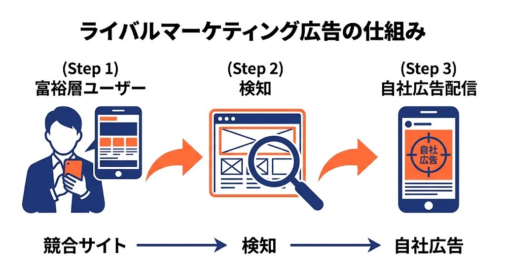 ライバルマーケティング広告の仕組み（競合サイト訪問者→検知→自社広告配信）