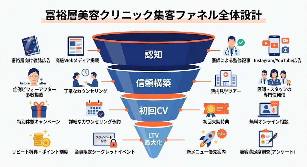 富裕層美容クリニック集客ファネル（認知→信頼→初回→LTV）全体設計図