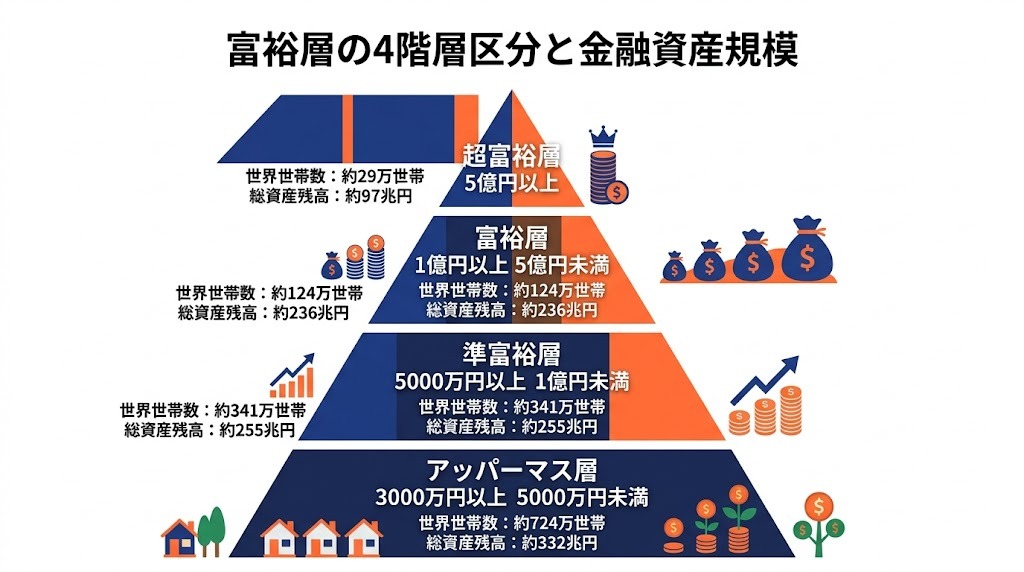 富裕層の4階層区分と金融資産規模を示すインフォグラフィック