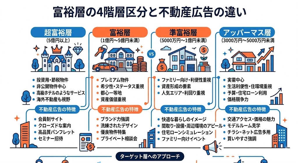富裕層の4階層区分と不動産広告の違いを示す比較インフォグラフィック