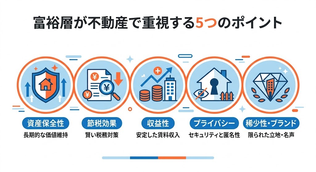 富裕層が不動産で重視する5つのポイント一覧図