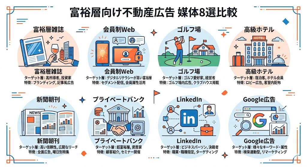 富裕層向け不動産広告おすすめ媒体8選の比較インフォグラフィック