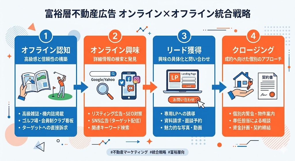 富裕層不動産広告のオンライン×オフライン統合戦略フロー図