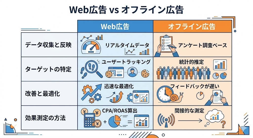 Web広告とオフライン広告の効果測定の違いを比較する図