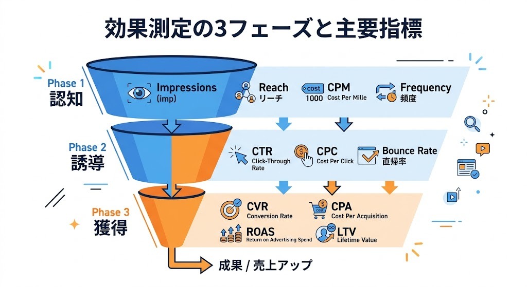 Web広告の効果測定における3つのフェーズと主要指標の一覧図
