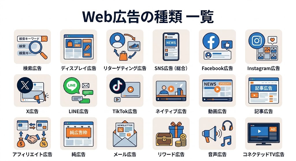 Web広告の種類一覧を示すインフォグラフィック