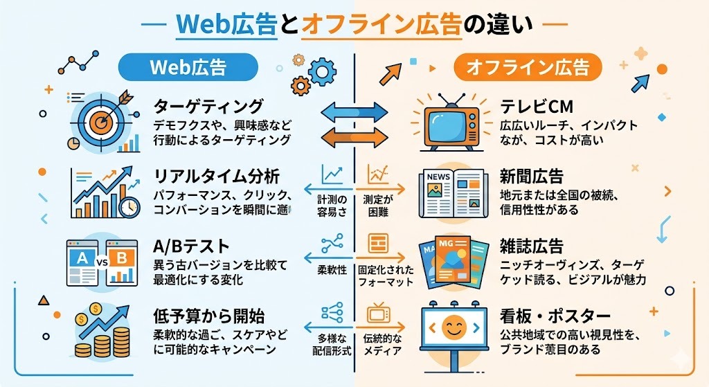 Web広告とオフライン広告の違いを比較する図解