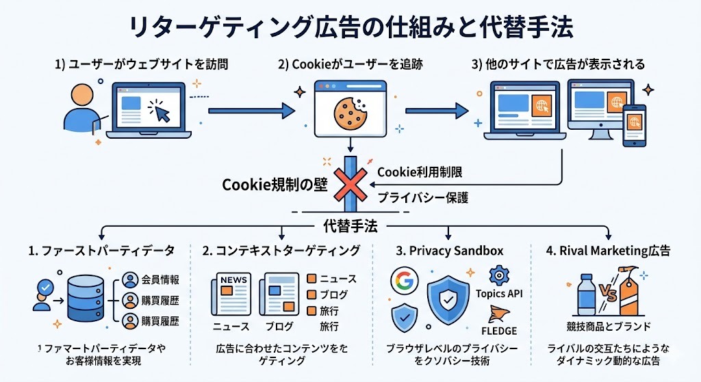 リターゲティング広告の仕組みと代替手法の図解