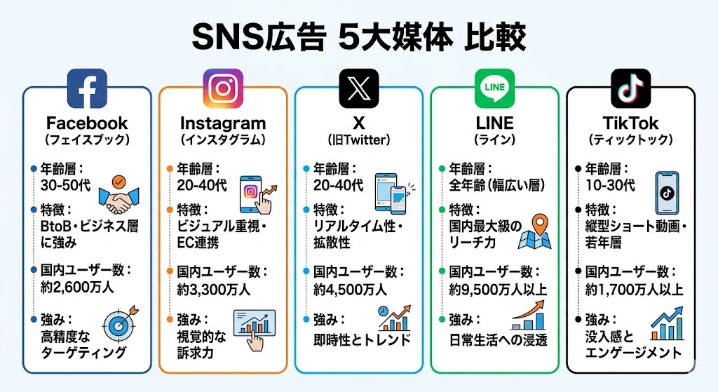 SNS広告5媒体の特徴比較インフォグラフィック
