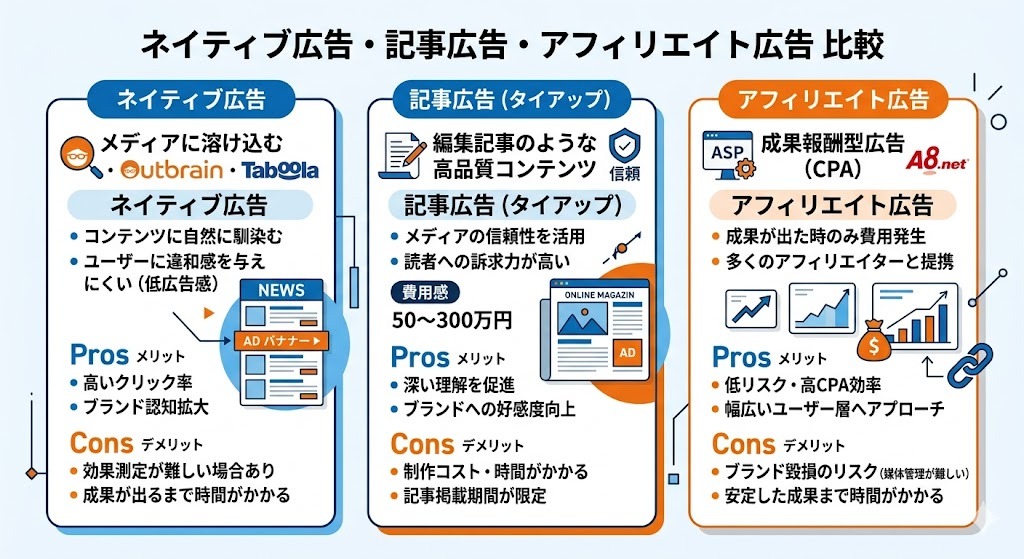 ネイティブ広告・記事広告・アフィリエイト広告の比較図