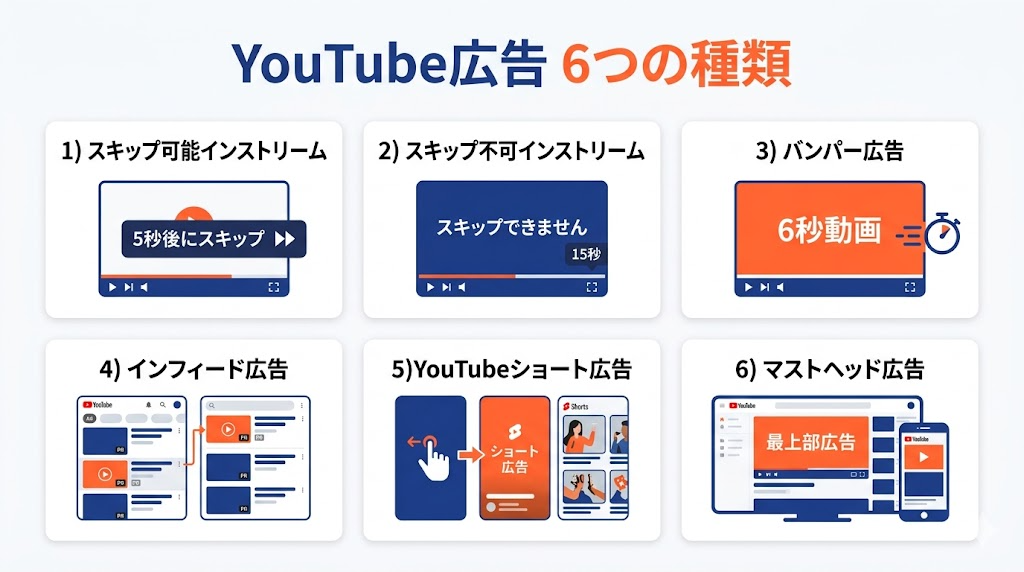 YouTube広告の6つの種類 インストリーム バンパー インフィード ショート ディスカバリー マストヘッド