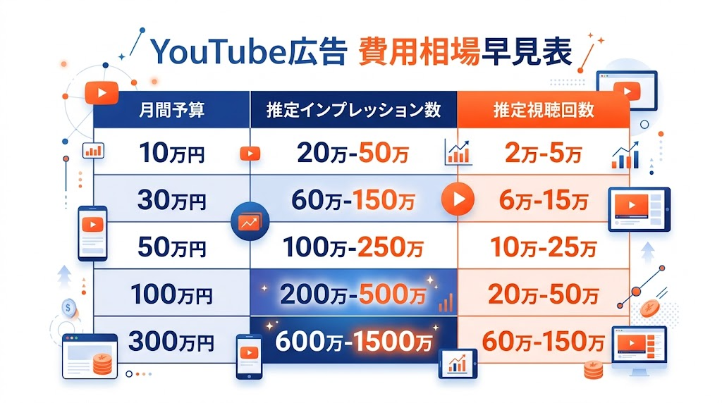 YouTube広告 費用相場 早見表 月額予算別配信規模
