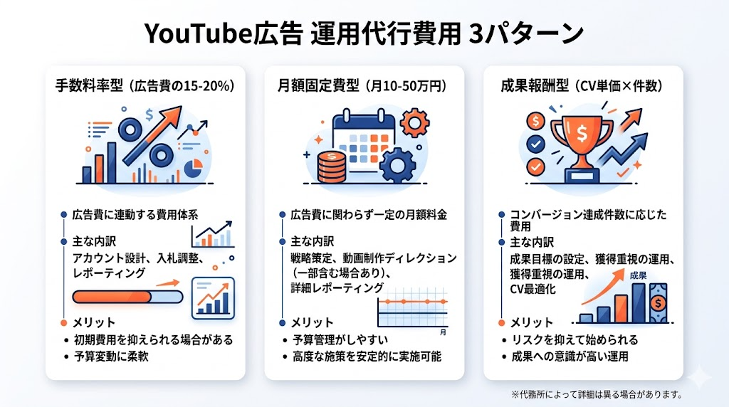 YouTube広告 運用代行費用 3パターン 手数料率 固定費 成果報酬