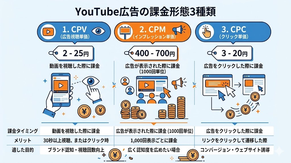 YouTube広告 課金形態3種類 CPV/CPM/CPC
