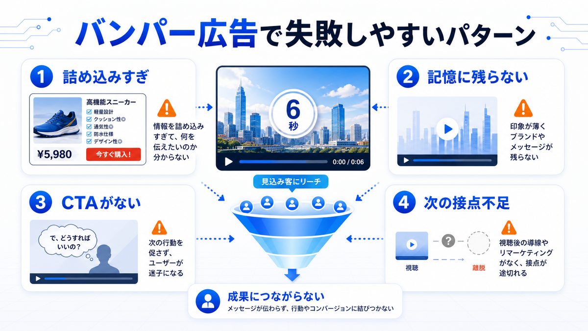 バンパー広告で失敗しやすいパターン 詰め込みすぎ 記憶に残らない CTAがない 次の接点不足のimage2.0図解