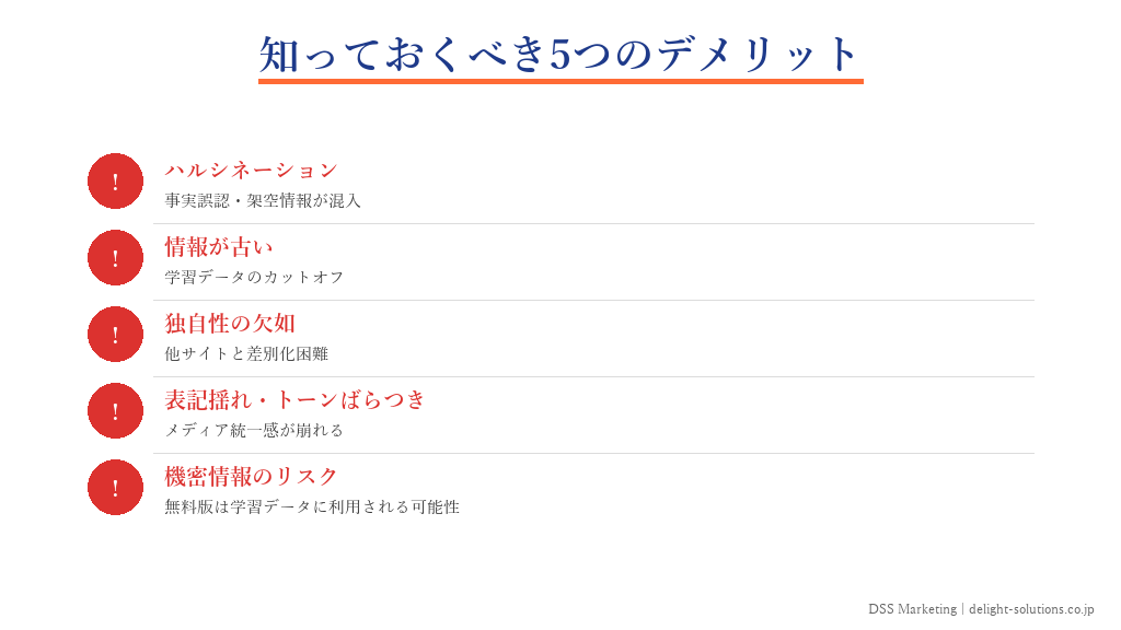 ChatGPT×SEOの5つのデメリットと対策を示したインフォグラフィック