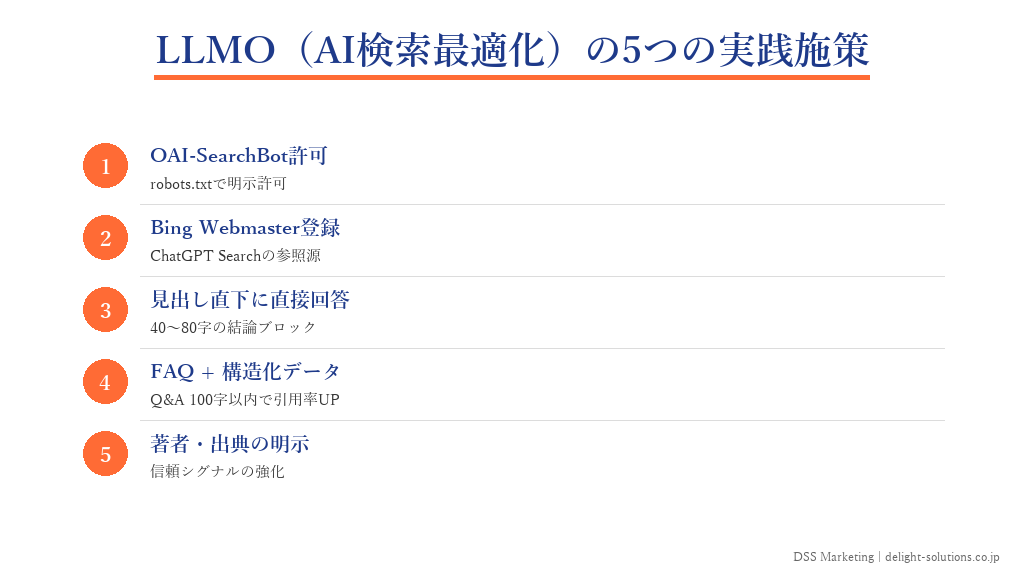 LLMO(AI検索最適化)対策の5ステップを示したインフォグラフィック