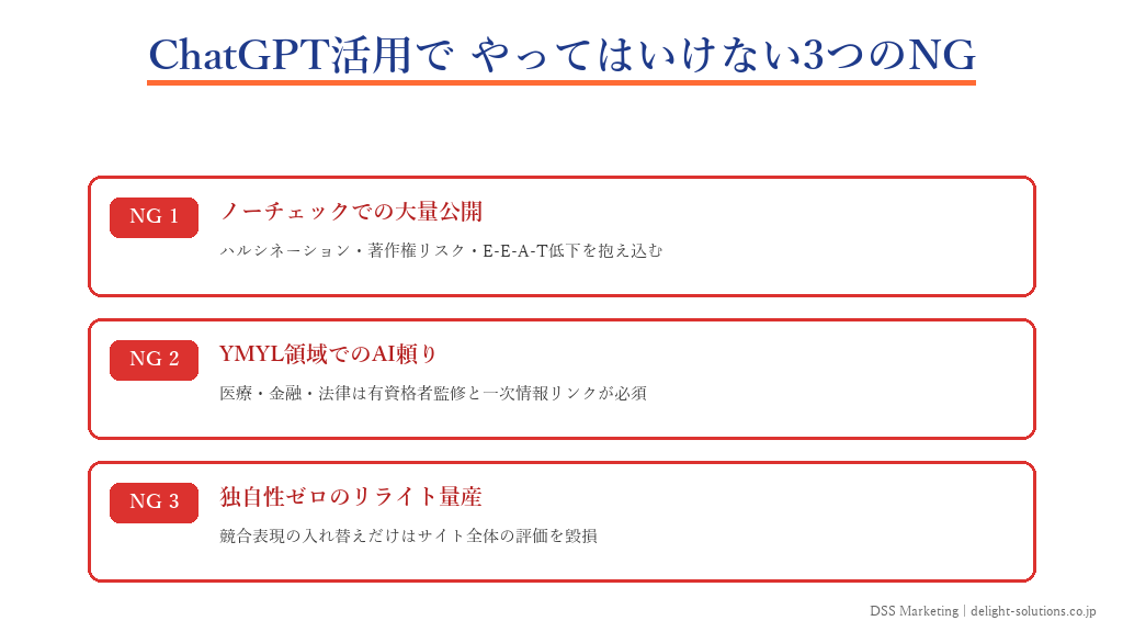 ChatGPT活用で絶対にやってはいけない3つのNGを示したインフォグラフィック