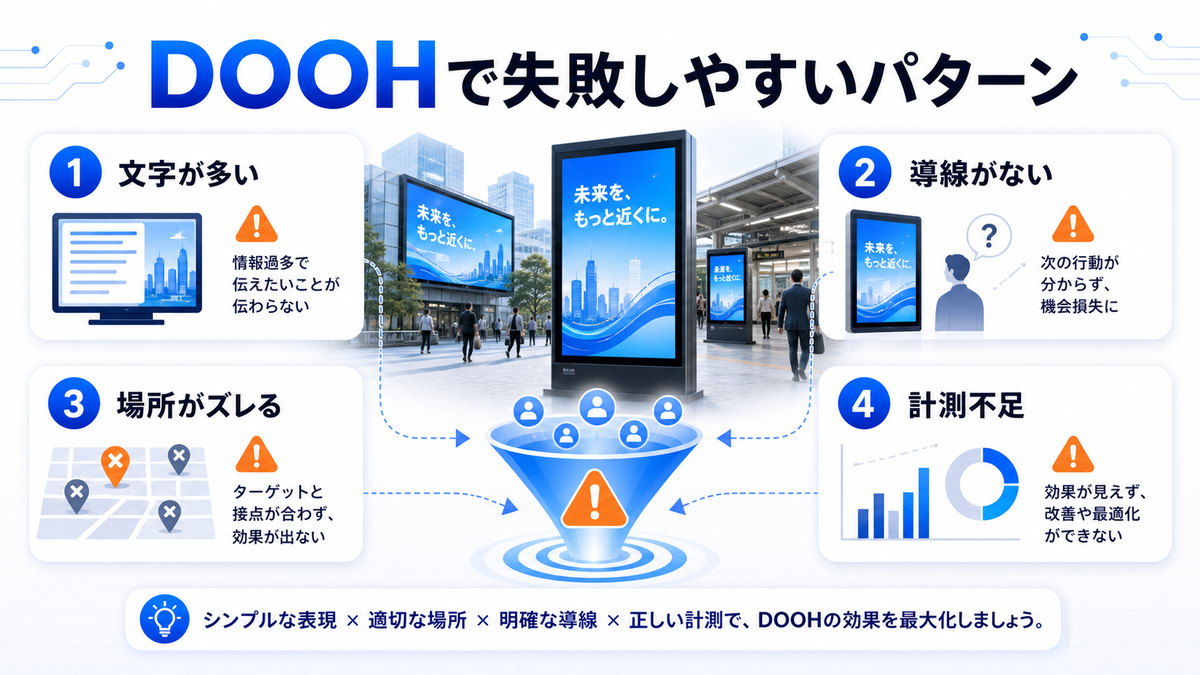 DOOHで失敗しやすいパターン 文字が多い 導線がない 場所がズレる 計測不足のimage2.0図解