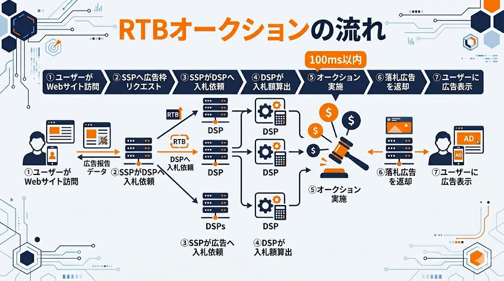 DSP広告の仕組み RTBオークションの流れ図解