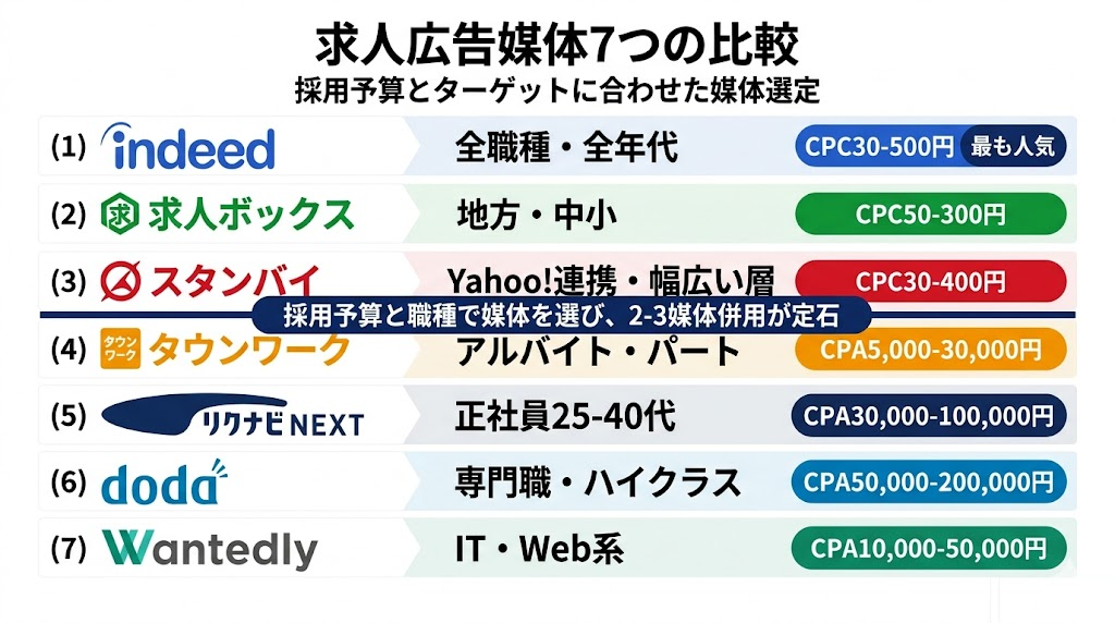 求人広告媒体7つの比較 Indeed・求人ボックス・スタンバイ・タウンワーク等