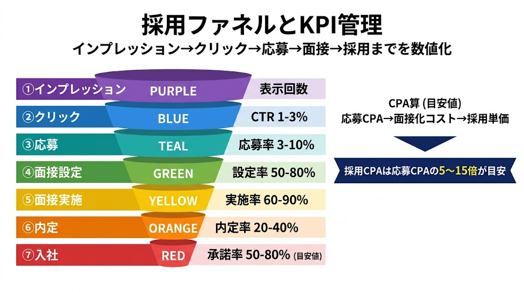 求人広告のKPIファネル インプレッション→クリック→応募→面接→採用