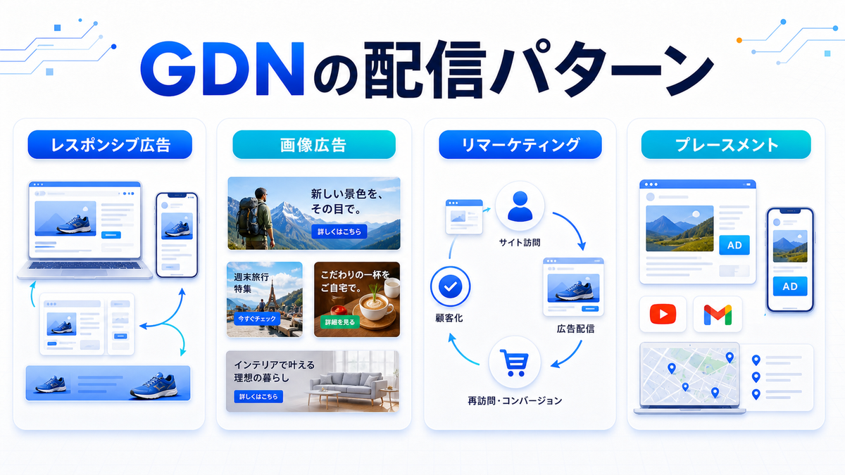 GDNの配信パターン レスポンシブ広告 画像広告 リマーケティング プレースメントのimage2.0図解