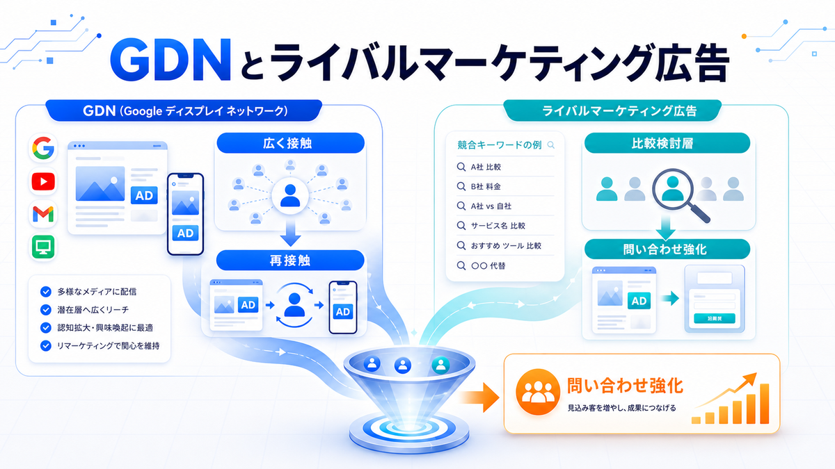 GDNとライバルマーケティング広告 広く接触 再接触 比較検討層 問い合わせ強化のimage2.0図解