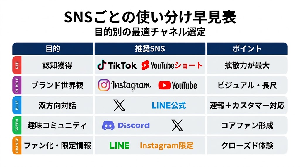SNSごとの使い分け早見表