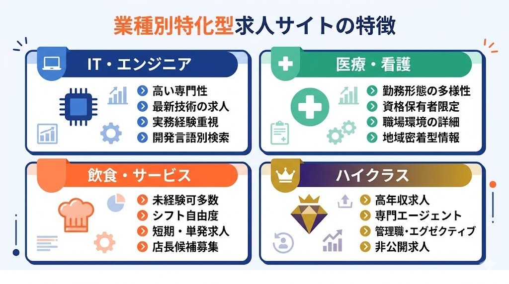 業種別の特化型求人サイトで成功している企業の特徴を示すインフォグラフィック