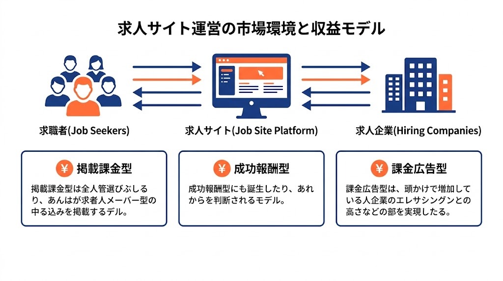 求人サイト運営の市場環境と集客チャネルの全体像を示すインフォグラフィック