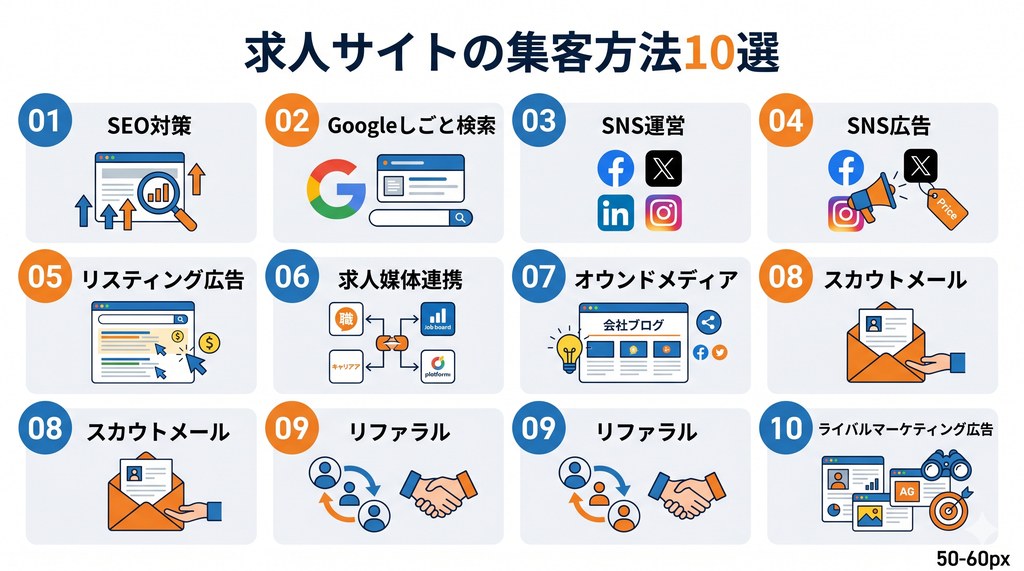 求人サイトの集客方法10選を整理したインフォグラフィック
