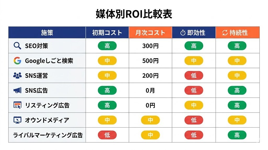 求人サイト集客施策の媒体別ROI比較表