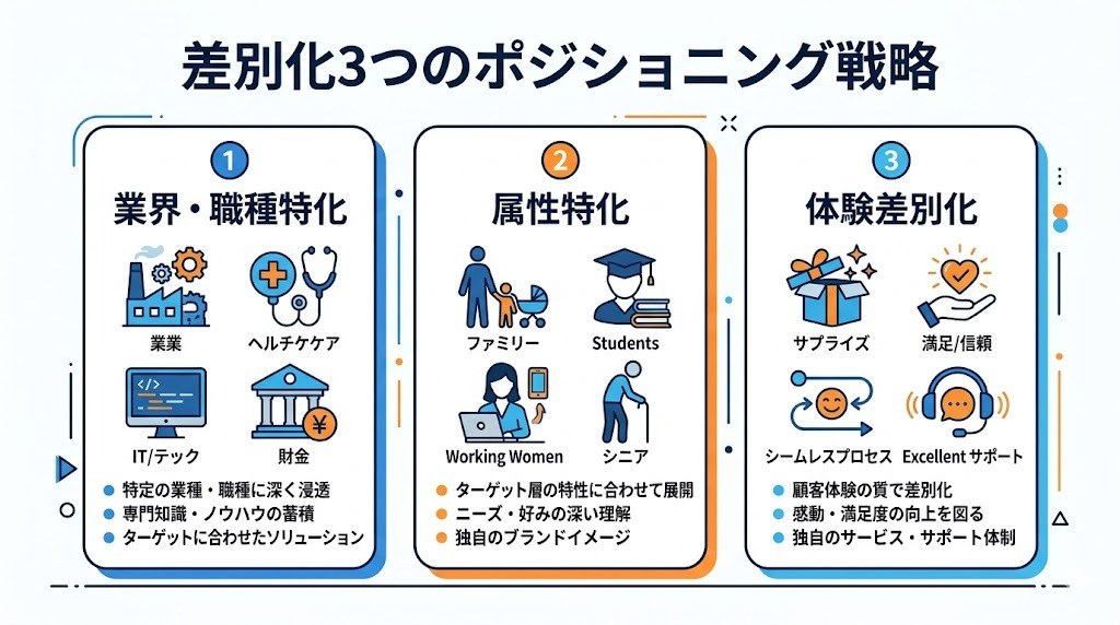求人サイトのポジショニング差別化戦略3つを示すフレームワーク図