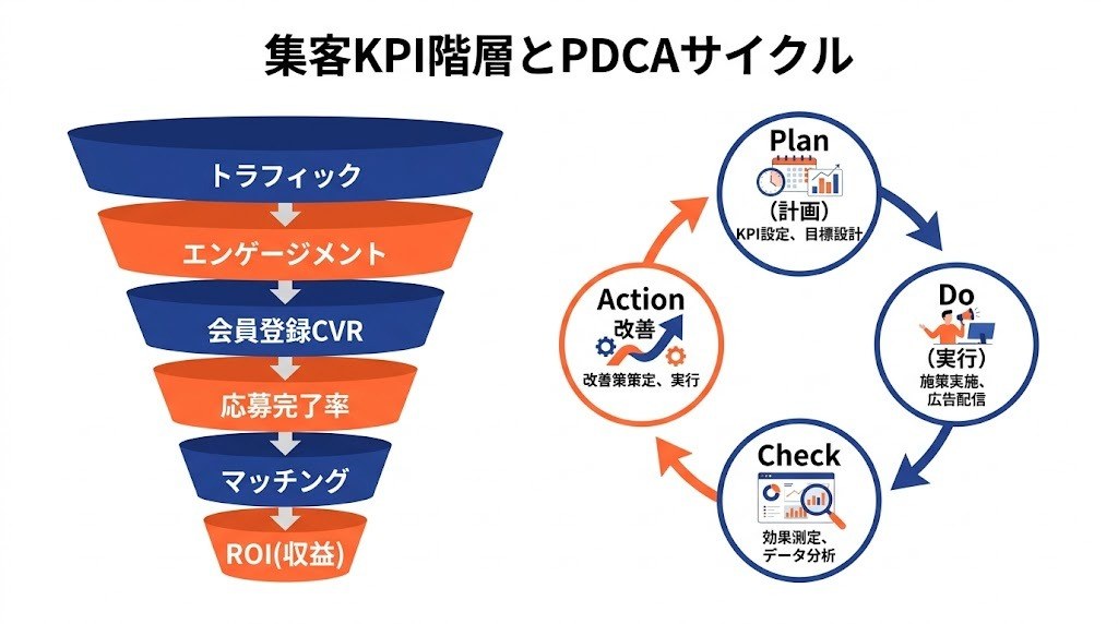 求人サイトの集客KPI階層構造とPDCAサイクル図