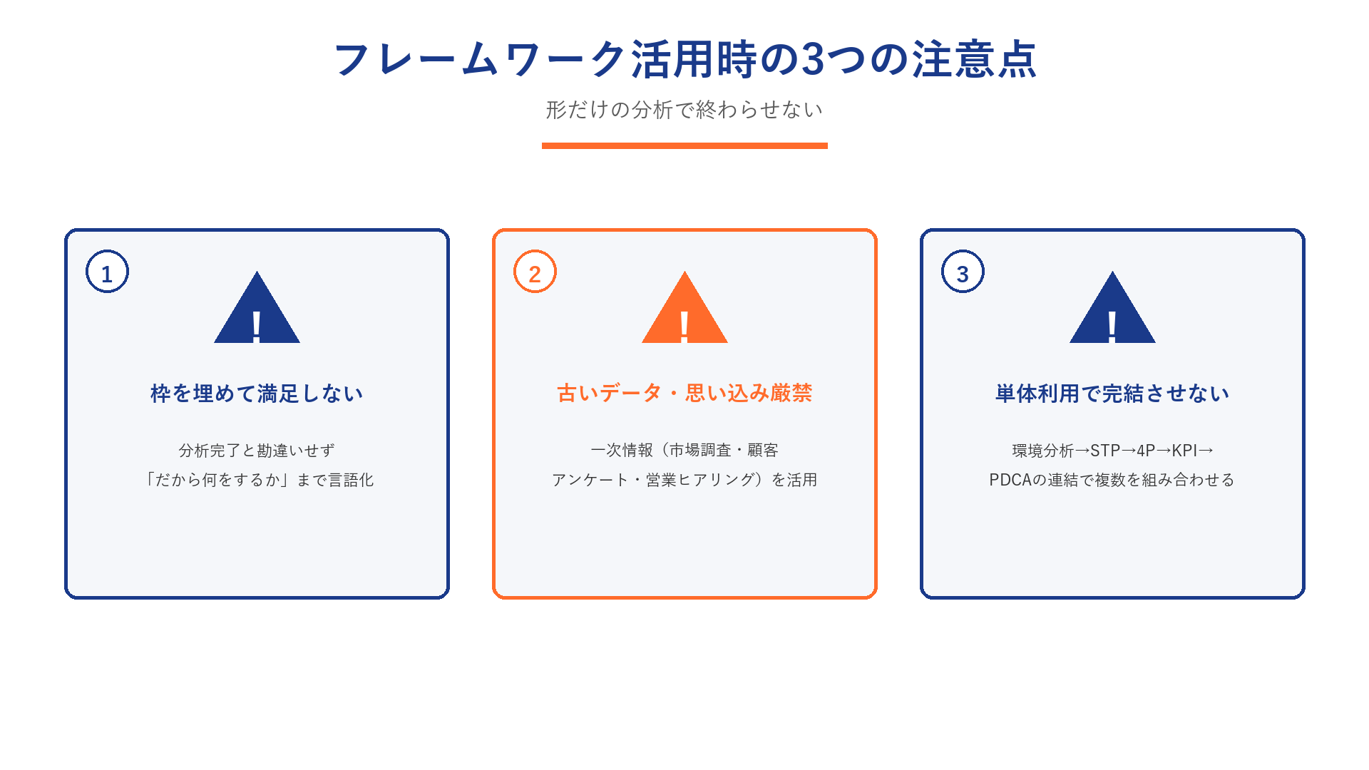 マーケティングフレームワーク活用時の3つの注意点（埋めて満足/古いデータ/単体利用）