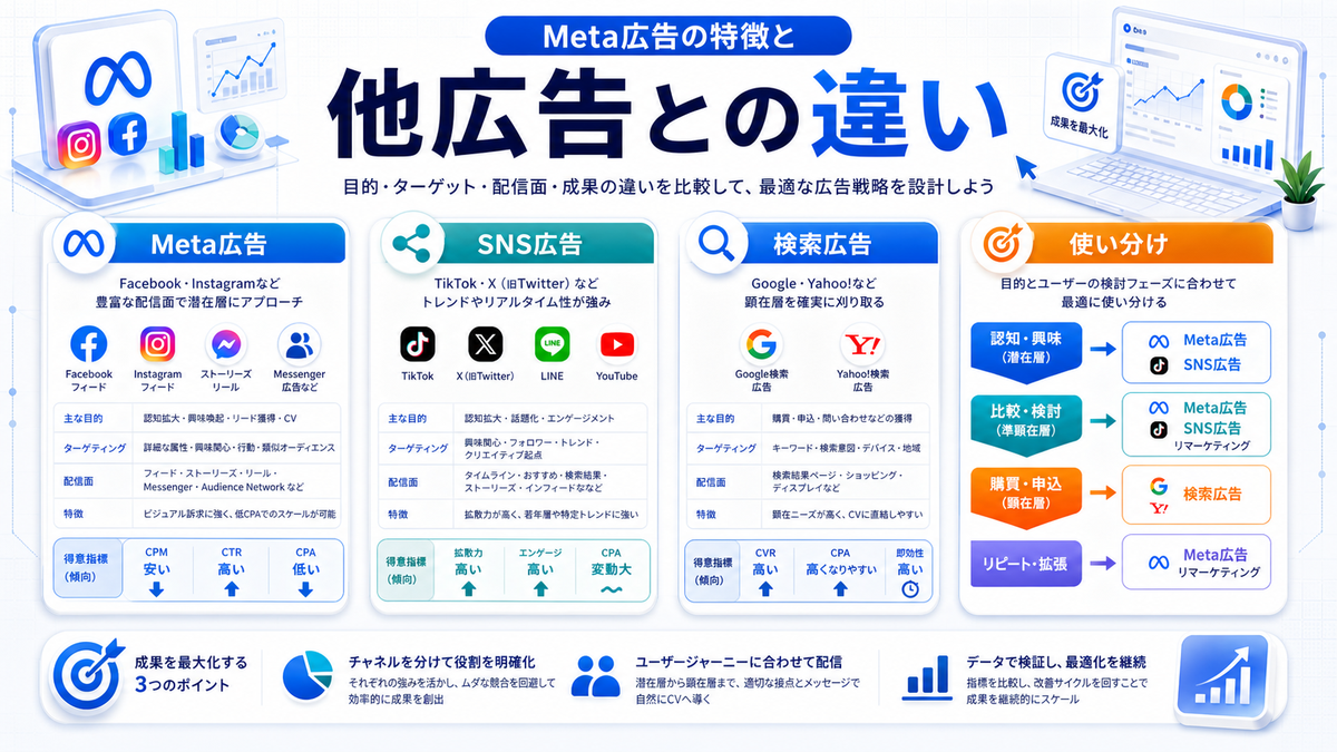 Meta広告と他SNS広告・検索広告との違い Image 2.0図解
